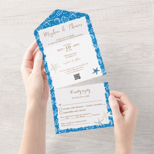 QRコーエレガントドRSVP結婚を使用したビーチテーマ オールインワン招待状 (貼ってはがせる)