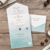 QRコーエレガントドRSVP結婚を使用したビーチテーマ オールインワン招待状