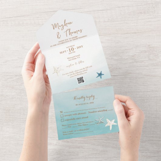 QRコーエレガントドRSVP結婚を使用したビーチテーマ オールインワン招待状 (貼ってはがせる)