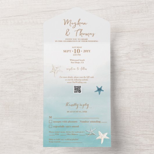 QRコーエレガントドRSVP結婚を使用したビーチテーマ オールインワン招待状 (内側)