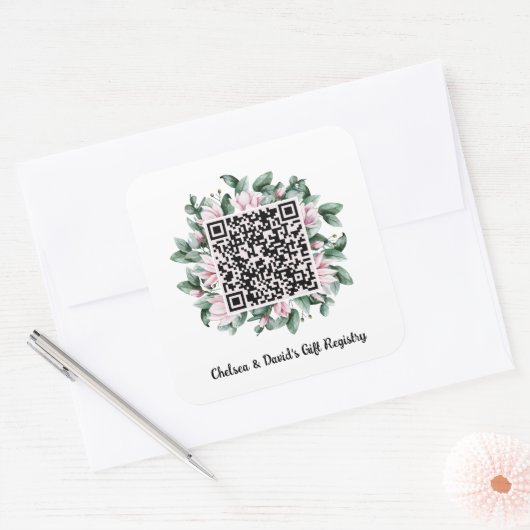 QRコーカスタムドマグノリア花枠ギフトレジストリ スクエアシール (封筒)