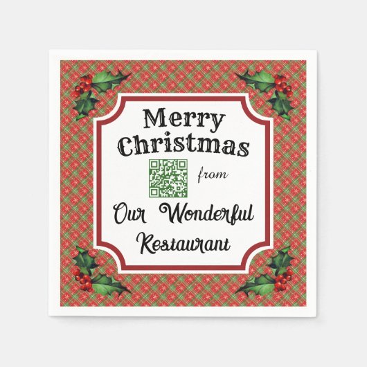 QRコーカスタムドレストランクリスマスプレイド スタンダードカクテルナプキン (正面)