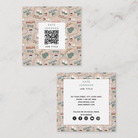 QRコーカラフルドを搭載した可愛い電車 スクエア名刺 (正面/裏面)