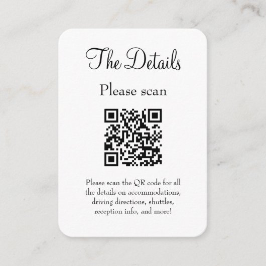 QRコーシンプルドを使用したモダン結婚詳細ホワイトのパスワード エンクロージャーカード (正面)