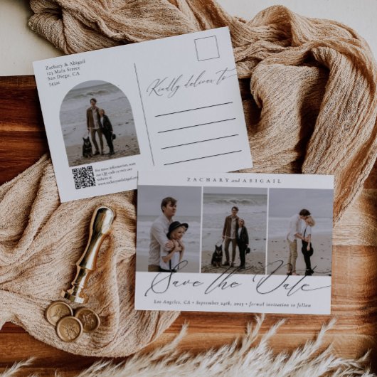 QRコーシンプルドアーチ写真ウェディング日付を保存 案内ポストカード