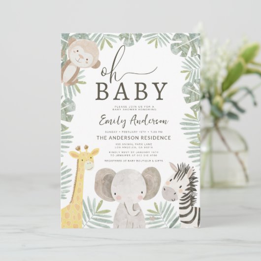 QRコードああベビーサファリ動物少年の赤ちゃんシャワー 招待状 (スタンド正面)