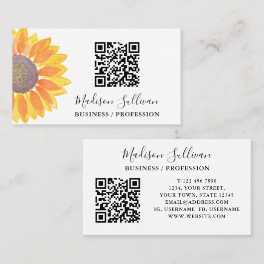 QRコードあなたのビジネスまたは職業ひまわり花 名刺 (正面/裏面)