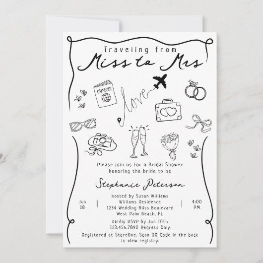 QRコードお洒落恋しく思のレトロのブライダルシャワー 招待状 (正面)