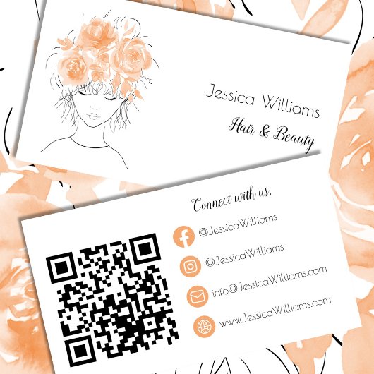 QRコードかわいい女の子の桃の水色バラフローラ 名刺