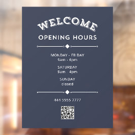 QRコードが白い灰色のウェルカムオープン時間 ウィンドウサイン