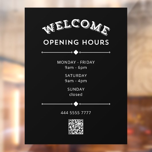QRコードが白い黒のウェルカムオープン時間 ウィンドウサイン (シート2)