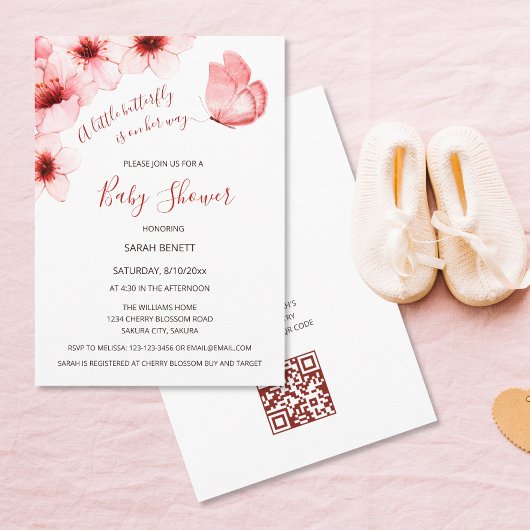 QRコードさくらんぼ花水彩赤ちゃんシャワー 招待状