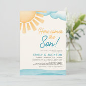 QRコードすべて一つにここ来の息子の赤ちゃんシャワー 招待状 (スタンド正面)