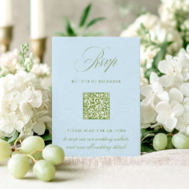 QRコードでカジュアルに返信!サージグリーンとブルーの結婚式RSVPカード 出欠カード