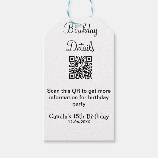 QRコードで誕生日パーティーの詳細を近代的に伝える15歳の誕生日 ギフトタグ (正面)