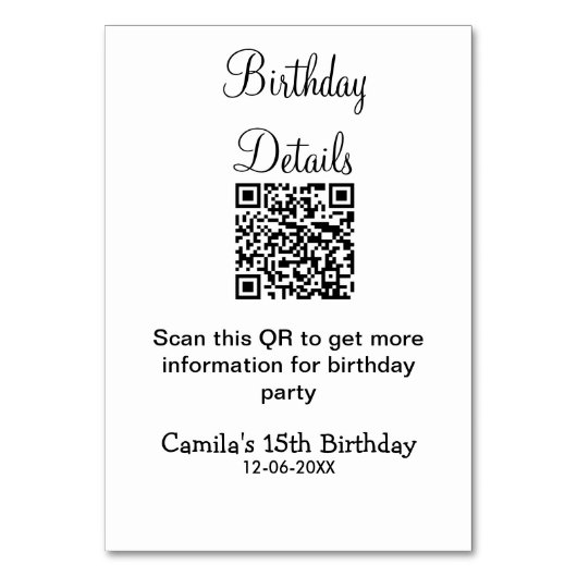 QRコードで誕生日パーティーの詳細を近代的に伝える15歳の誕生日 テーブルナンバー (正面)