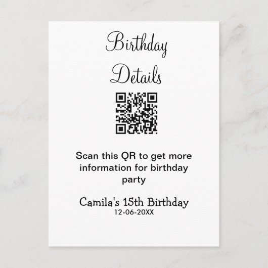 QRコードで誕生日パーティーの詳細を近代的に伝える15歳の誕生日 ポストカード (正面)