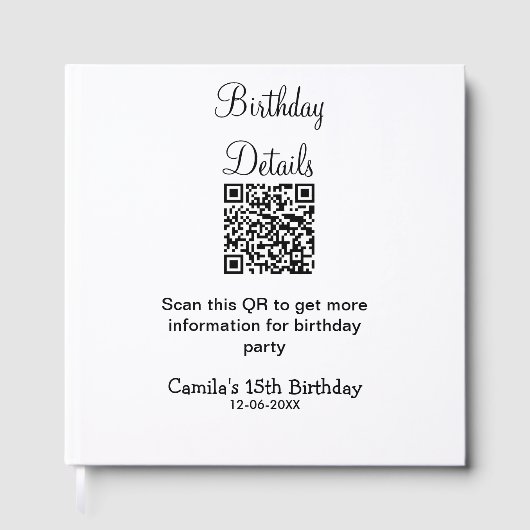 QRコードで誕生日パーティーの詳細を近代的に表現した15歳の誕生日 ゲストブック (正面)