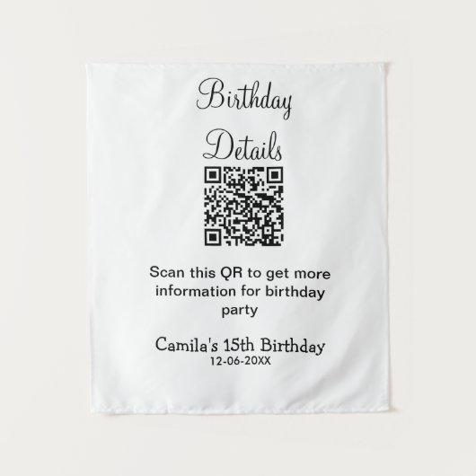 QRコードで誕生日パーティーの詳細を近代的に表現した15歳の誕生日 タペストリー (正面)