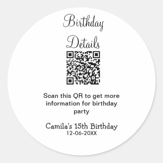 QRコードで誕生日パーティーの詳細を近代的に表現した15歳の誕生日 ラウンドシール (正面)