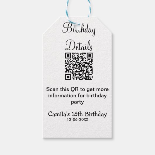 QRコードで誕生日パーティーの詳細を近代的に15歳の誕生日 ギフトタグ (正面)