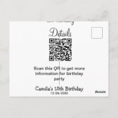 QRコードで誕生日パーティーの詳細を近代的に15歳の誕生日 ポストカード (裏面)