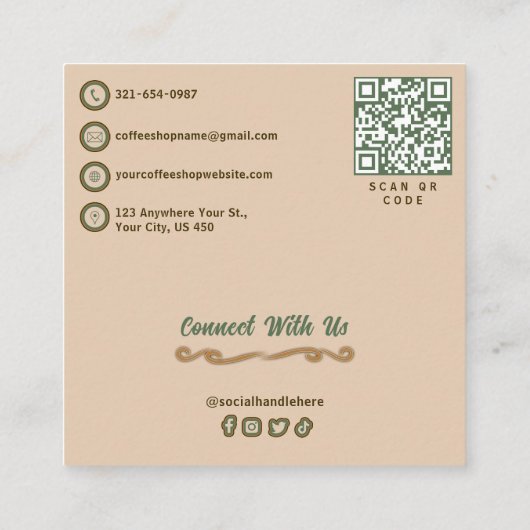 QRコードとカスタムロゴシックヴィンテージコーヒーショップ スクエア名刺 (裏面)