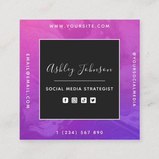 QRコードとソーシャルメディア強烈な紫色のピンクグラデーション スクエア名刺 (正面)
