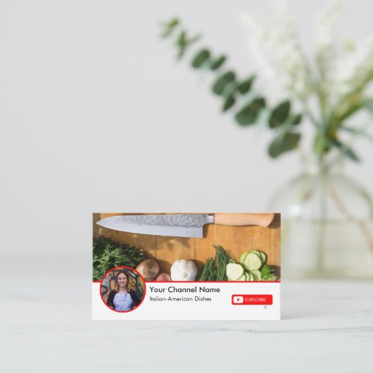 QRコードとプロフィール写真を含むYoutubeチャンネル 名刺 (スタンド正面)