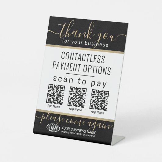 QRコードとロゴ3支払いアプリブラック&金ゴールド 台座サイン (正面)