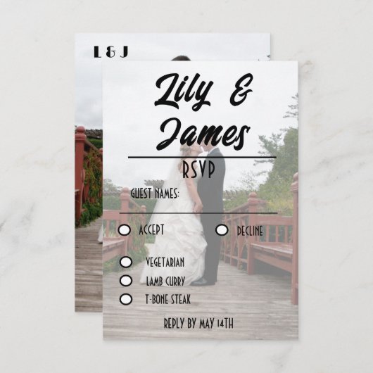 QRコードと写真の結婚ウェブサイトシンプル 出欠カード (正面/裏面)