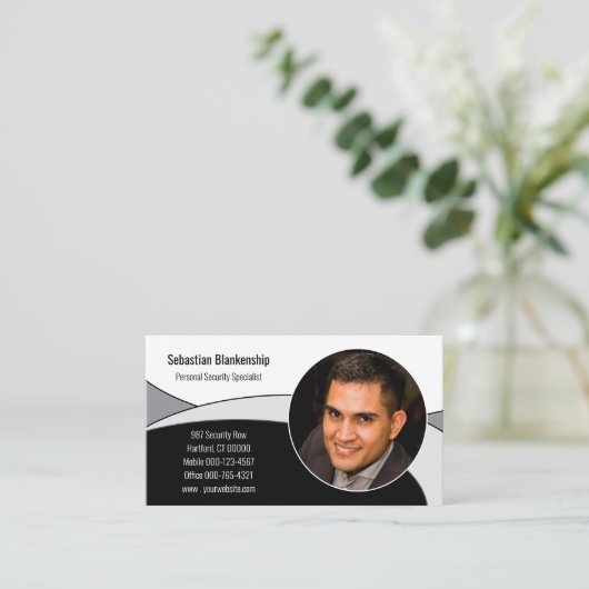 QRコードと写真を使用した白黒抽象芸術とグレー画像 名刺 (スタンド正面)