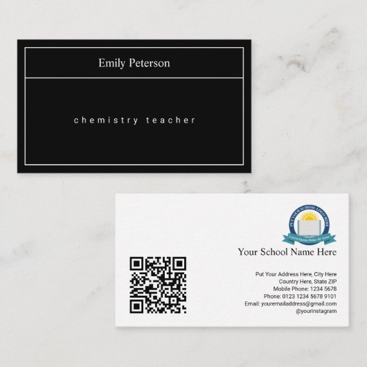 QRコードと学校のロゴ付きミニマル先生 名刺 (正面/裏面)