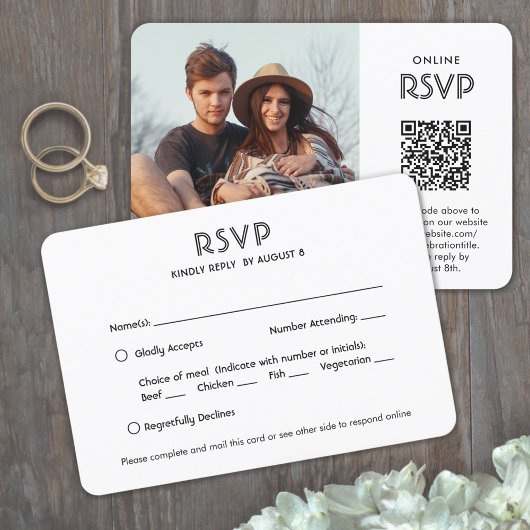 QRコードと食事の選択：シックでシンプルな写真の結婚式 出欠カード