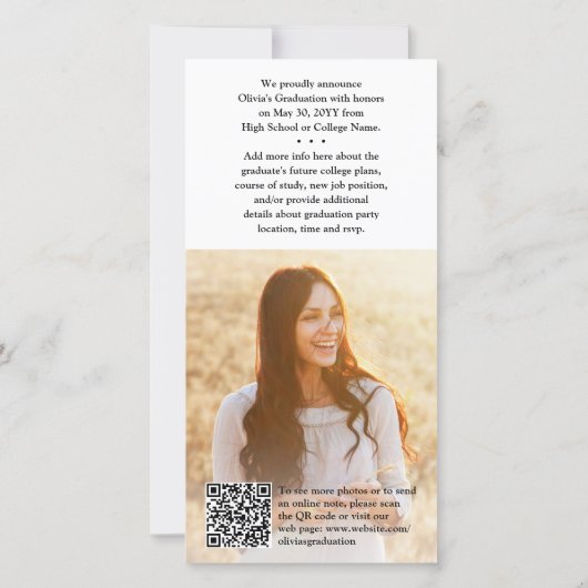 QRコードと2枚の写真モダンブラックスクリプト卒業 案内状 (裏面)