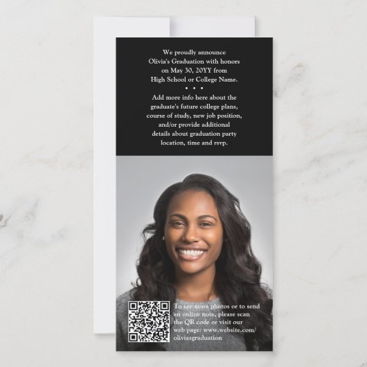 QRコードと2枚の写真モダンホワイトスクリプト卒業 案内状 (裏面)