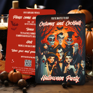 QRコードのカジュアルなハロウィンパーティー 大人のためのドレスコードとカクテル付きハロウィン 招待状