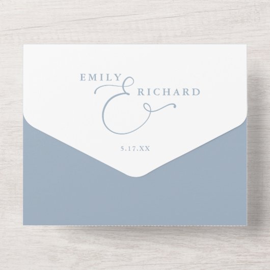 QRコードの埃っぽい青を保持する結婚には オールインワン招待状 (裏面)