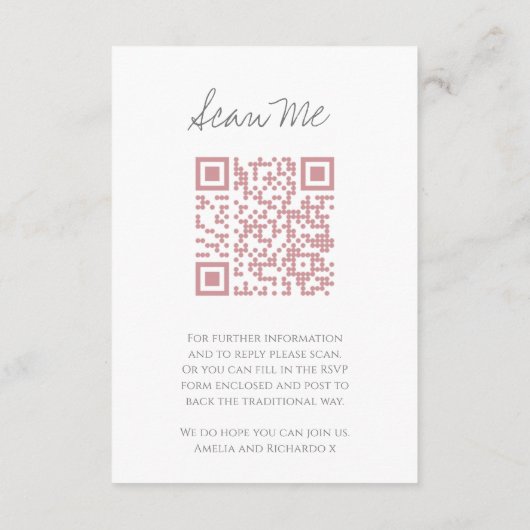 QRコードの結婚ウェブサイトのモノグラムピンクスキャン応答 エンクロージャーカード (裏面)