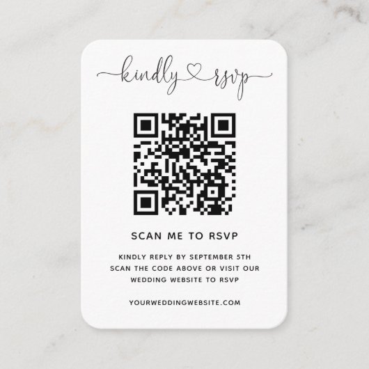 QRコードの結婚ウェブサイトRSVPミニマリスト写真 エンクロージャーカード (正面)