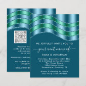 QRコードの結婚ブライダルシャワーブルーティール（緑がかった色）グリッター (正面/裏面)