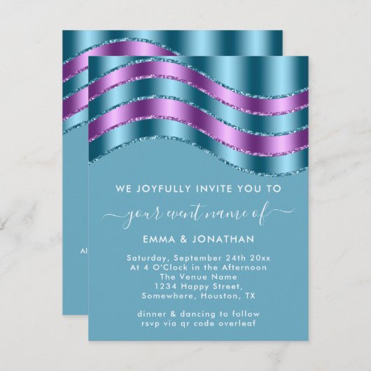 QRコードの結婚ブライダルシャワー紫ティール（緑がかった色）青 (正面/裏面)