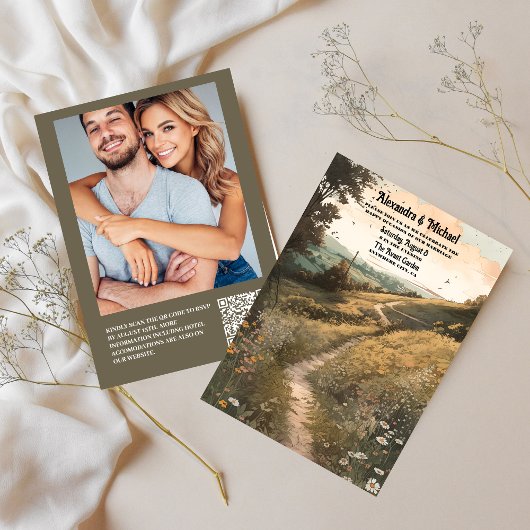 QRコードの遊び心あふれる、素朴なワイルドフラワーの牧場でのウェディング 招待状