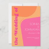 QRコードはレトロはっきりしたピンクオ結婚レンジ 招待状 (正面)