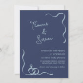 QRコードほこりっぽいネイビーブルー波状の手描きリングや輪 招待状 (正面)