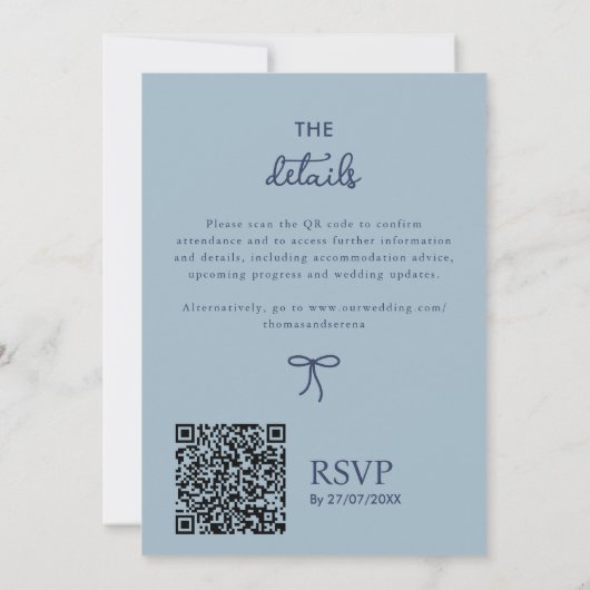 QRコードほこりっぽいネイビーブルー波状の手描きリングや輪 招待状 (裏面)