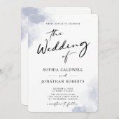 QRコードほこりっぽい青い水彩書道結婚の 招待状 (正面/裏面)