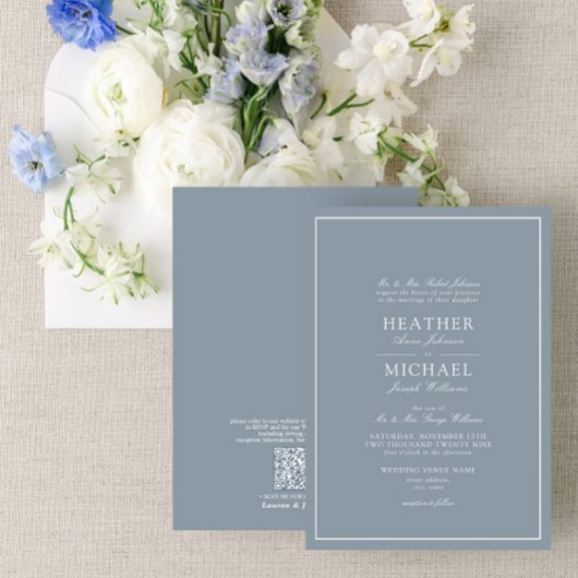 QRコードほこりっぽい青い葉のクレストモノグラム結婚ズ 招待状