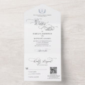 QRコードほこりっぽい青フローラクレストモノグラム結婚ズ オールインワン招待状 (内側)