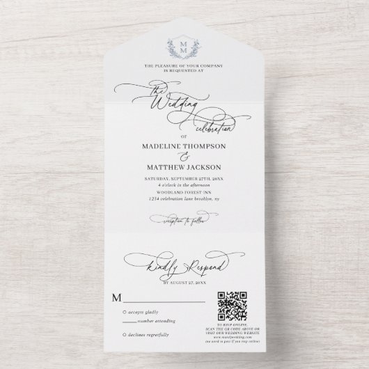 QRコードほこりっぽい青フローラクレストモノグラム結婚ズ オールインワン招待状 (内側)